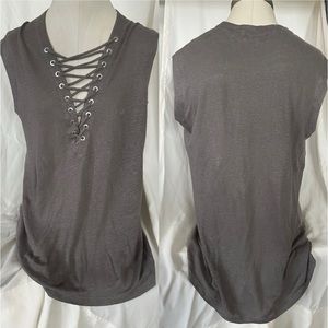 IRO SILVER GROMMET LACE UP V NECKLINE GREY SLEEVELESS KNIT LINEN BLOUSE SMALL